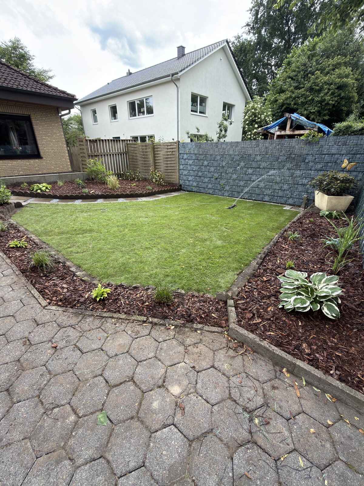 Gartenüberblick mit neuem Rasen und Pflanzbeeten Ganderkesee